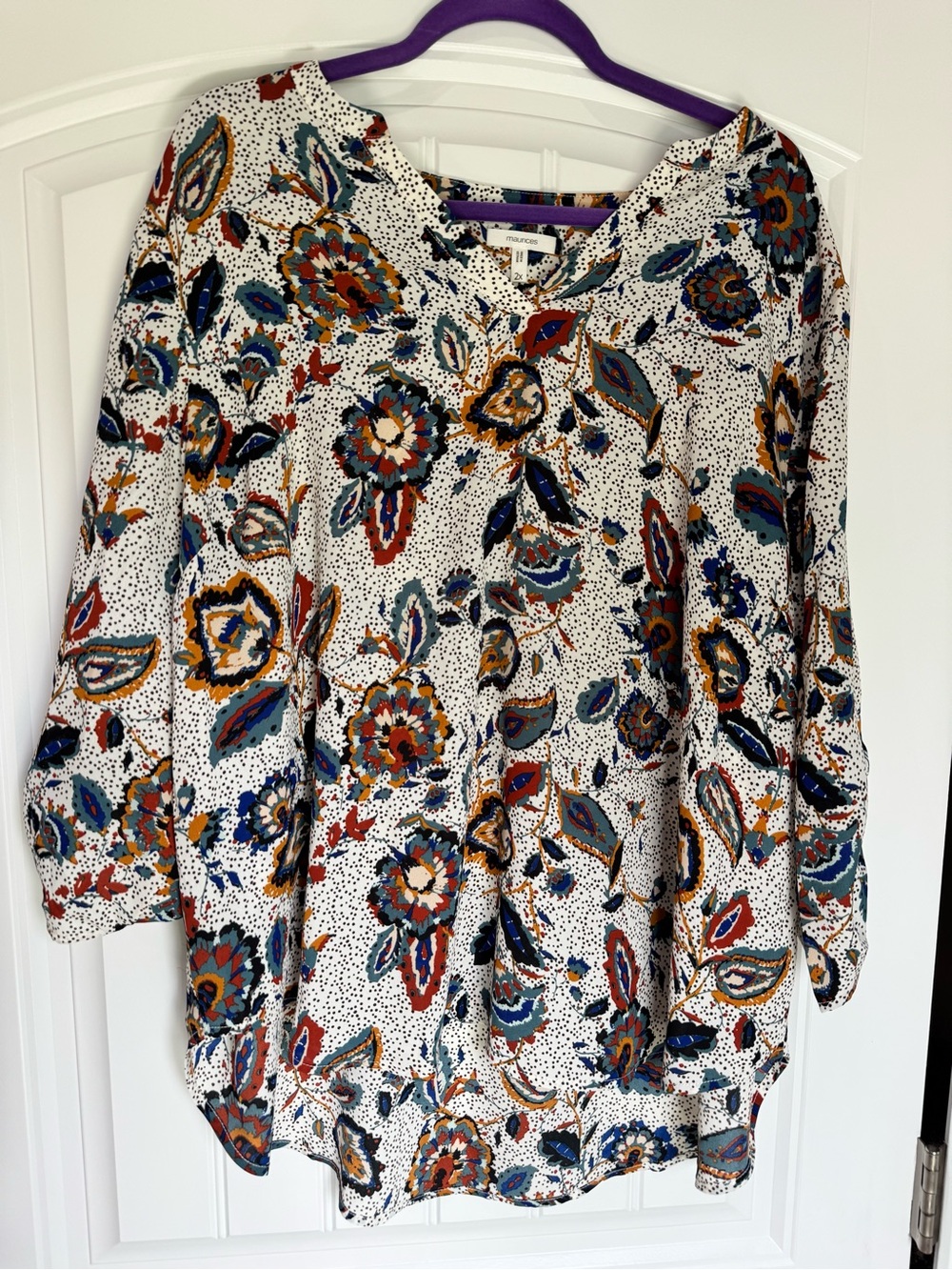 Maurices 2X Boho Floral Blouse White Mixed Print Roll Tab Sleeve Lightweight Top